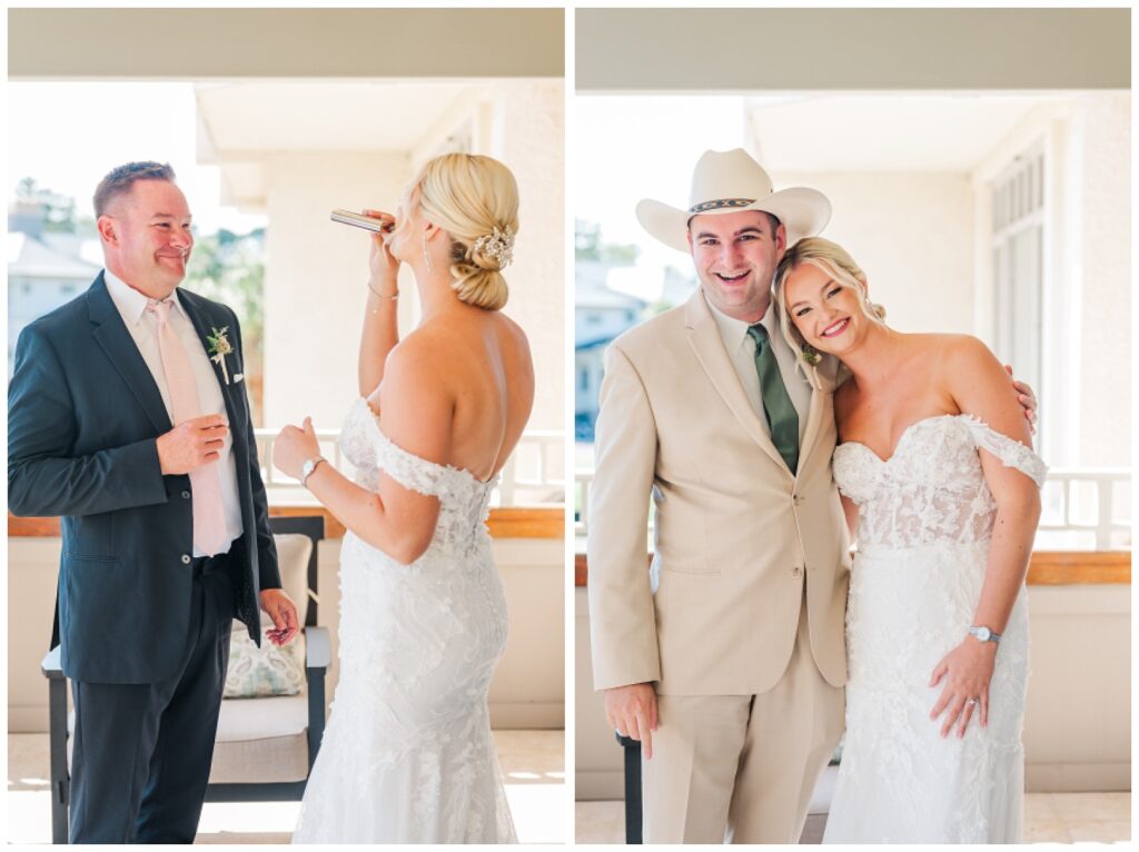 bride taking a sip from her dad's flask during first look on the balcony