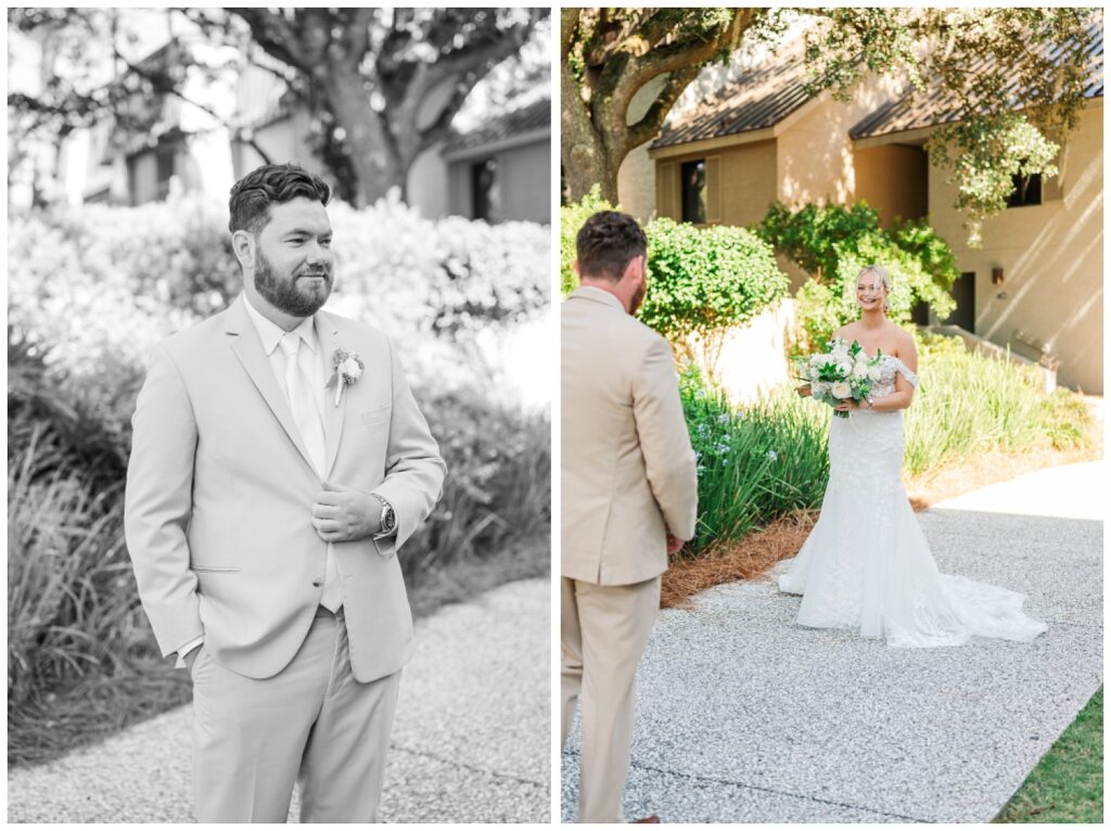 bride and groom have first look on the sidewalk at Sea Pines Resort