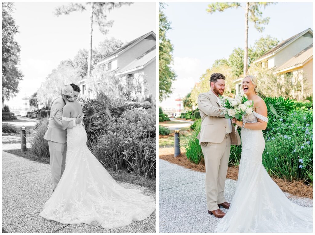 wedding couple laughing during first look at Hilton Head venue