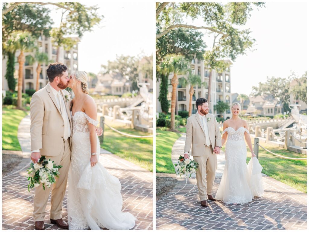 wedding couple walking along next to the boats and water at Sea Pines Resort