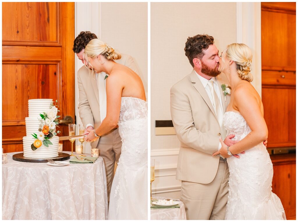 bride and groom cutting their cake at Sea Pines resort wedding reception