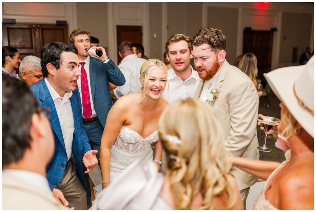 bride and groom dancing with the wedding guests during reception in Hilton Head, SC