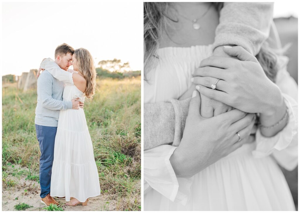 close up of woman's engagement ring at Fort Fisher, NC photoshoot