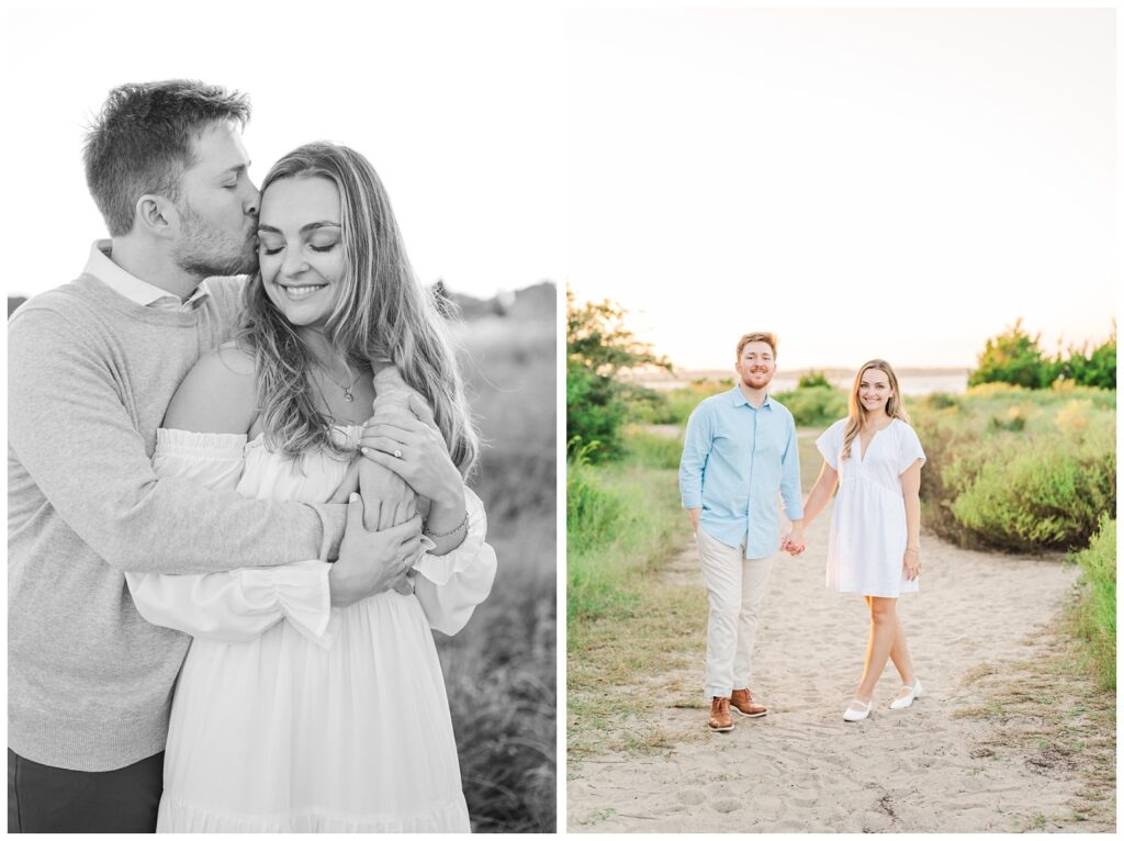 man wearing a blue shirt and khakis posing with his fiancee on Kure Beach