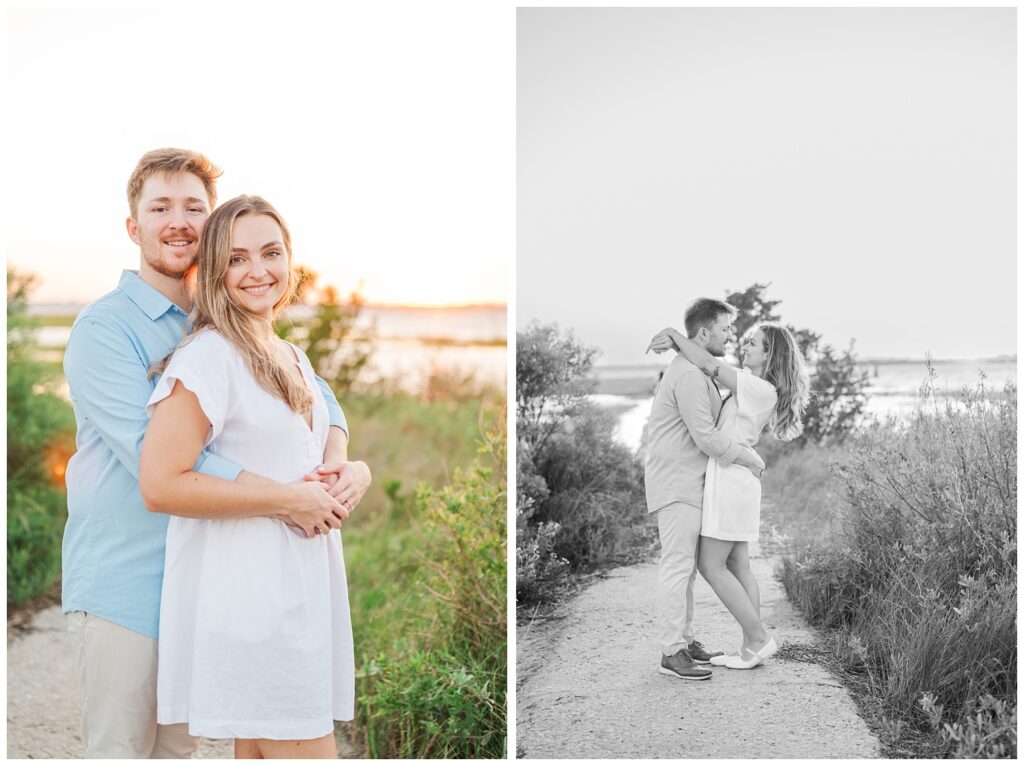 man hugging his fiance from behind while posing during golden hour at Fort Fisher