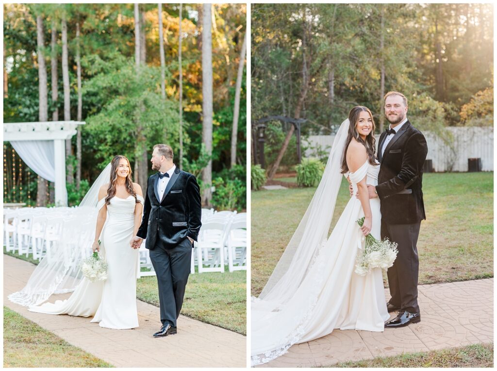 wedding couple holding hands and walking along the sidewalk after the ceremony