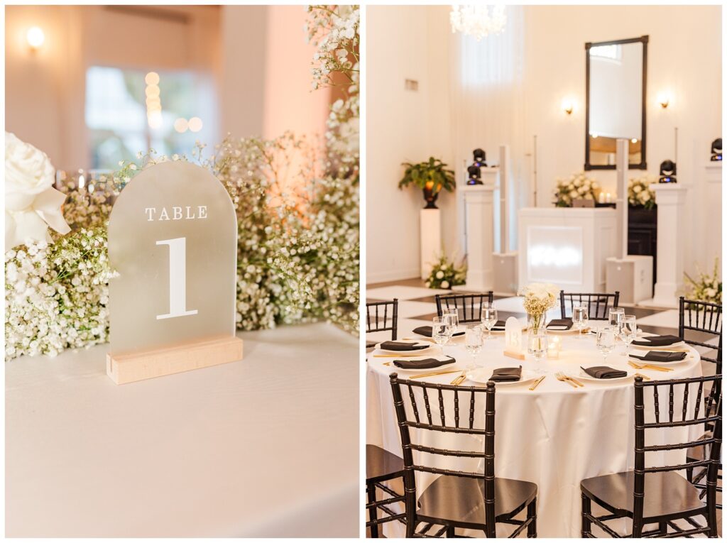 table number in front of babies breath and white roses at Malachi Meadows reception