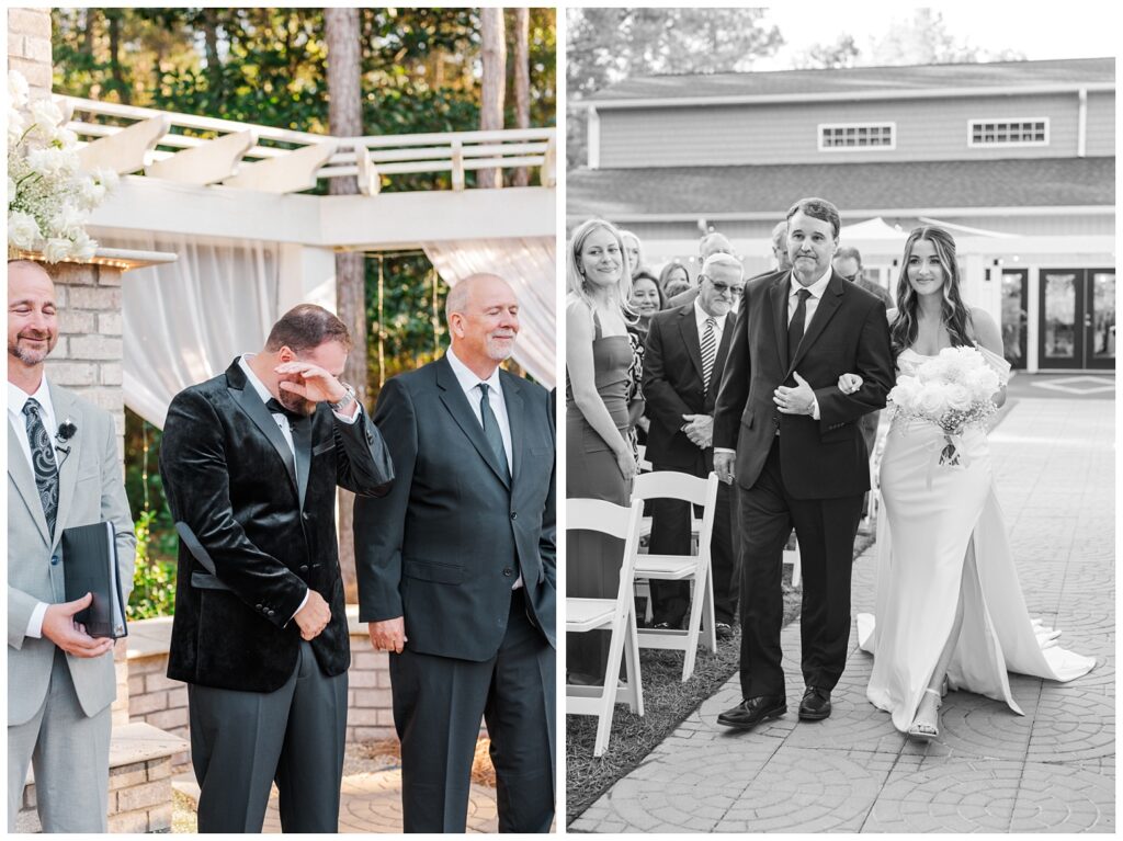 bride's dad walking the bride down the aisle while the groom cries at seeing her