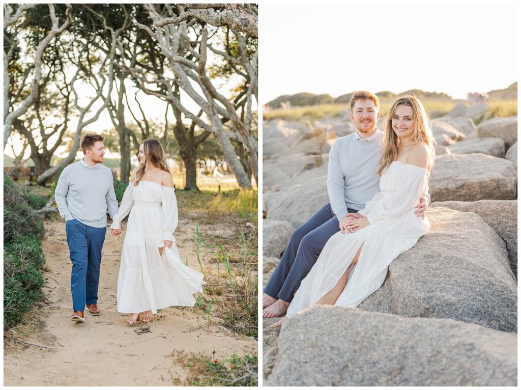 engagement session on the rocks at Kure Beach at Fort Fisher, NC