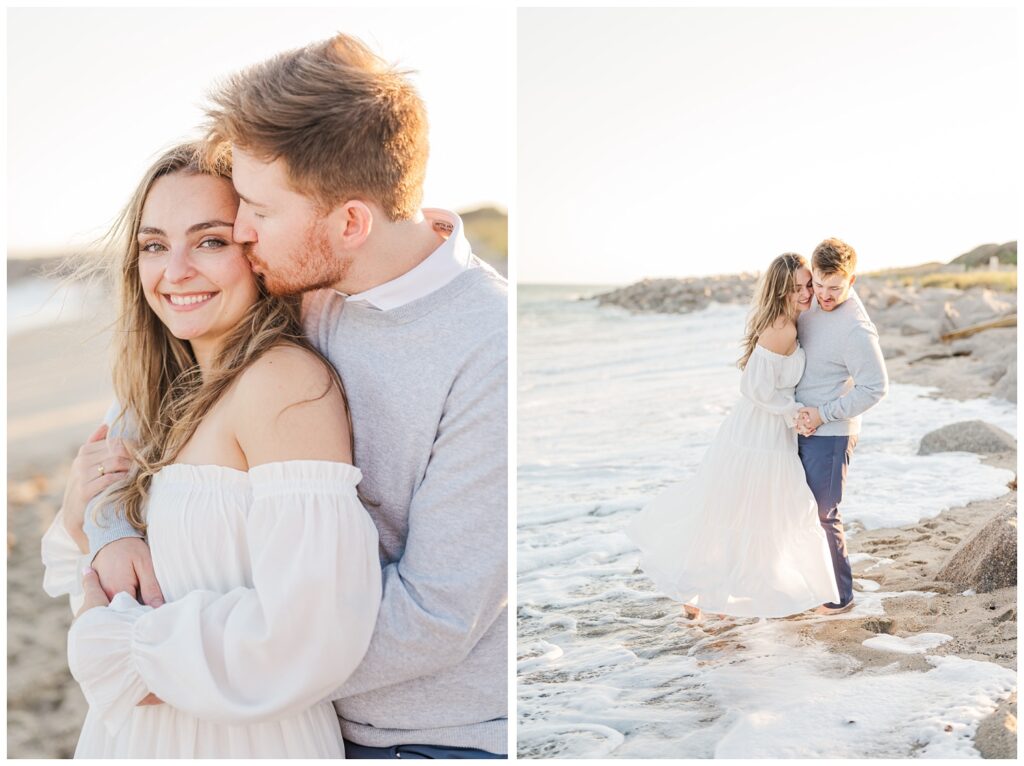 couple getting surprised by a wave on the beach during Fort Fisher engagement session