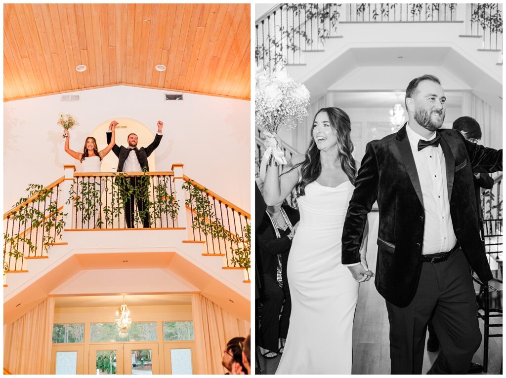 bride and groom walking into wedding reception cheering in Currie, NC