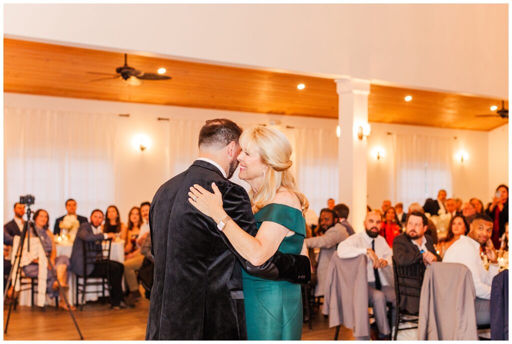 groom dancing with his mom at fall wedding reception in Currie, NC