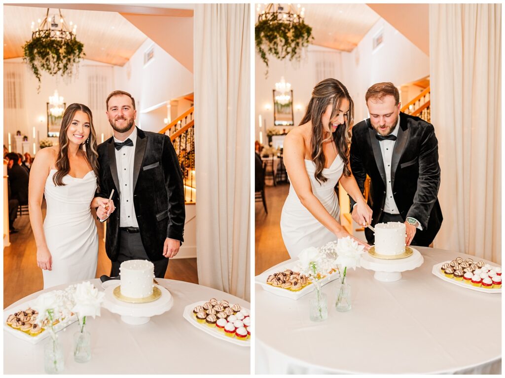 bride and groom cutting their wedding cake at reception in Currie, NC