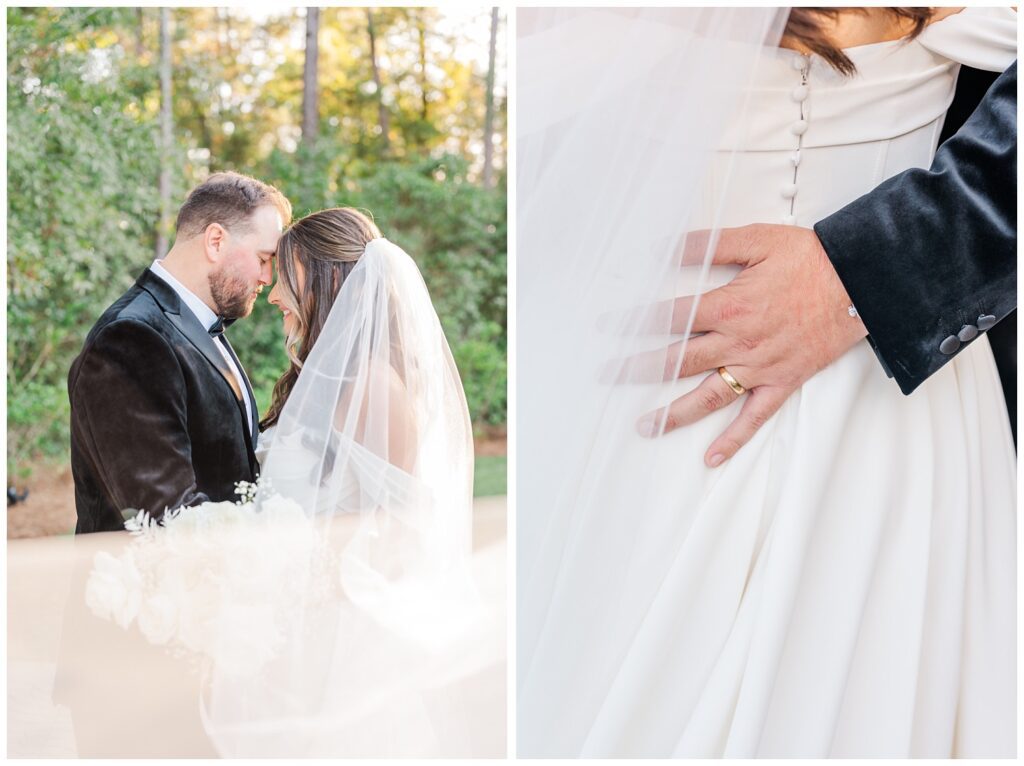 groom placing his hand on the bride's back while posing for portraits 