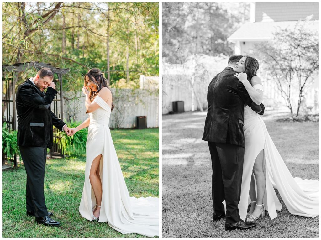 groom and bride crying during first look outside before ceremony at Malachi Meadows