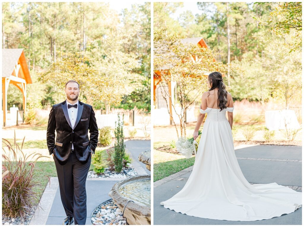 bride showing off the back of her dress  on the patio while holding her bouquet 