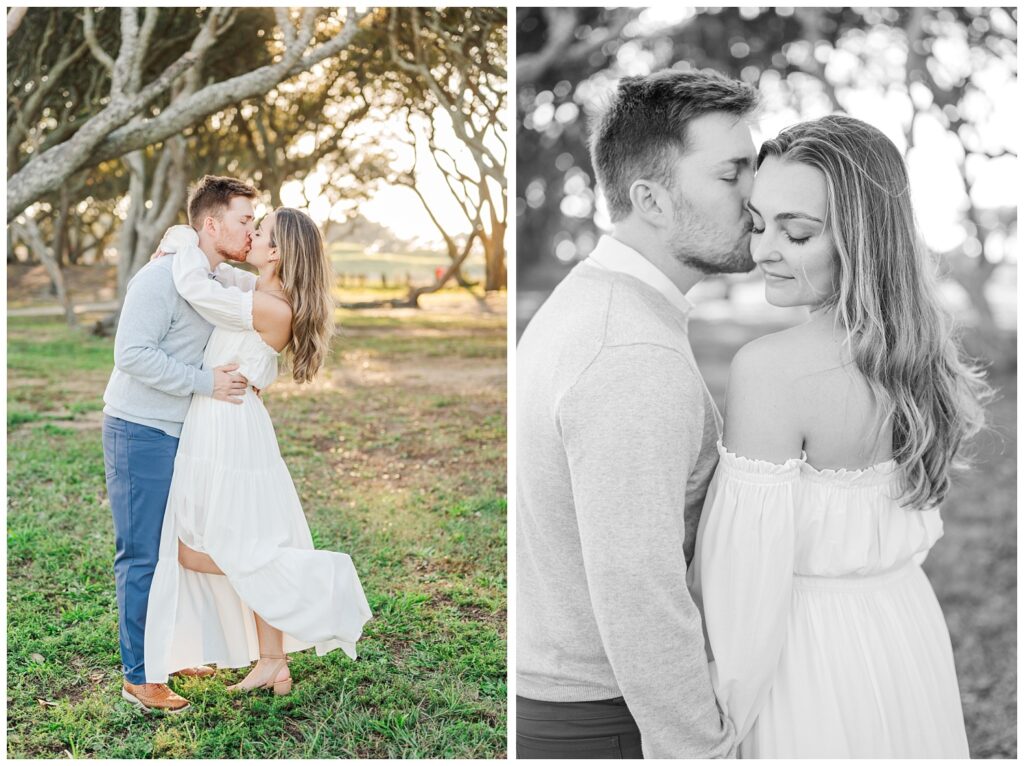 engagement couple share a kiss at Fort Fisher portrait session