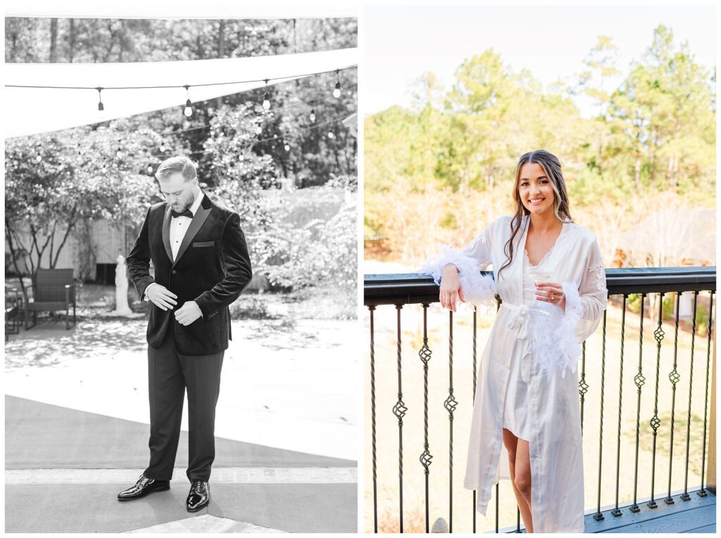 groom adjusting his velvet tux jacket while standing outside getting ready