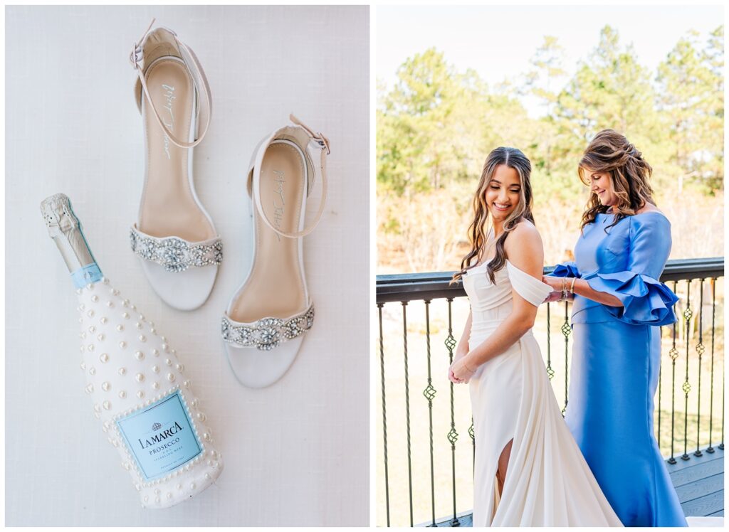 bride's mom zipping up her dress on the balcony at Malachi Meadows venue