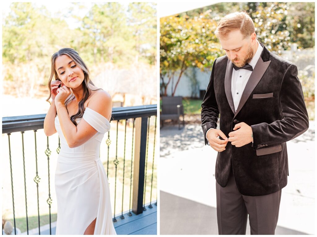 bride putting on her wedding earrings while standing on the balcony at NC venue