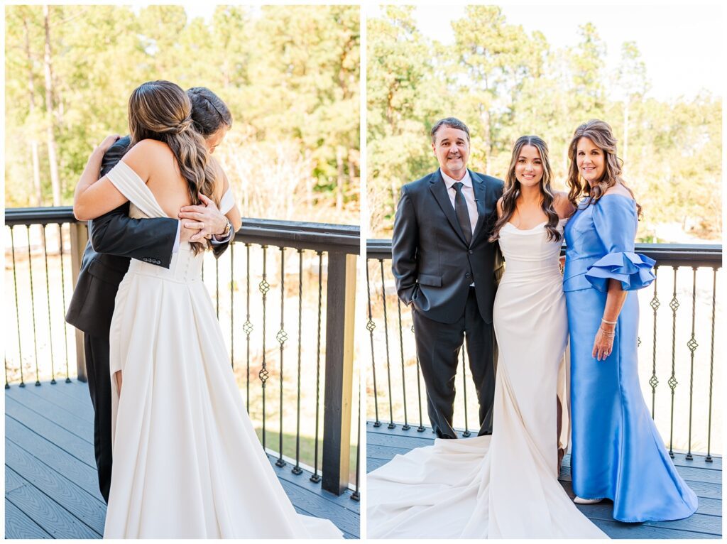 dad hugging the bride during first look on a balcony at Malachi Meadows wedding venue