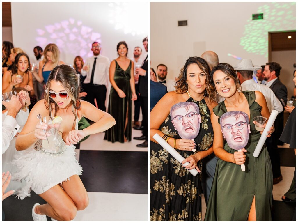 wedding guests holding light up wands and fans with the groom's face