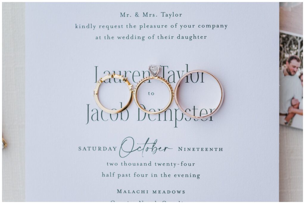 bride and groom's wedding rings laying flat on the invitation