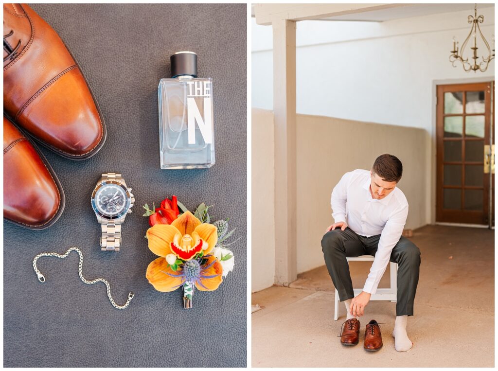 groom details including cologne, shoes and boutonniere on a dark gray styling mat