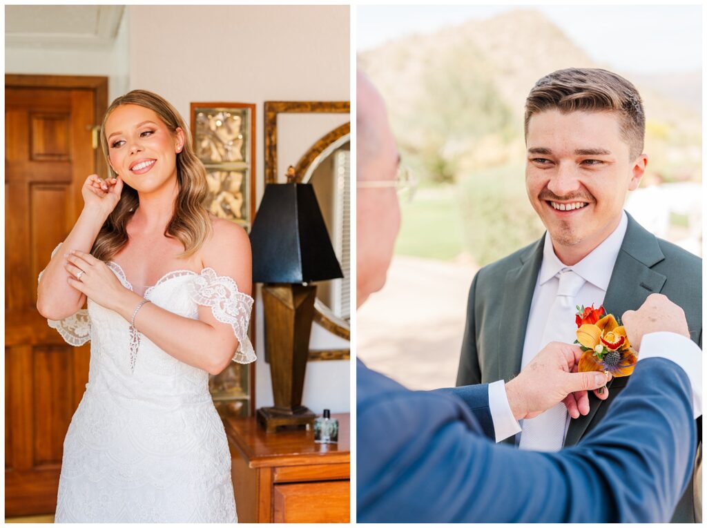 groom's dad pinning on the groom's boutonniere for spring wedding in Gold Canyon, AZ