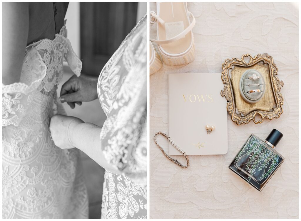 bride's wedding details including her bracelet, earrings, and vow book on top of her veil