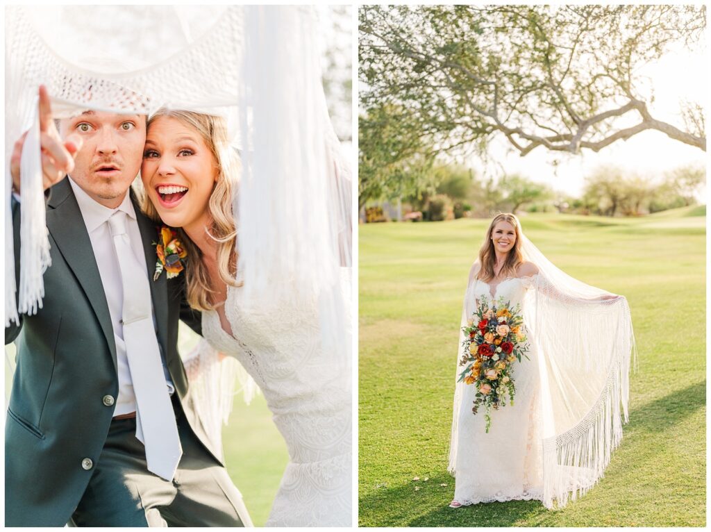 bride and groom being goofy under the bride's fringe veil at Arizona golf resort