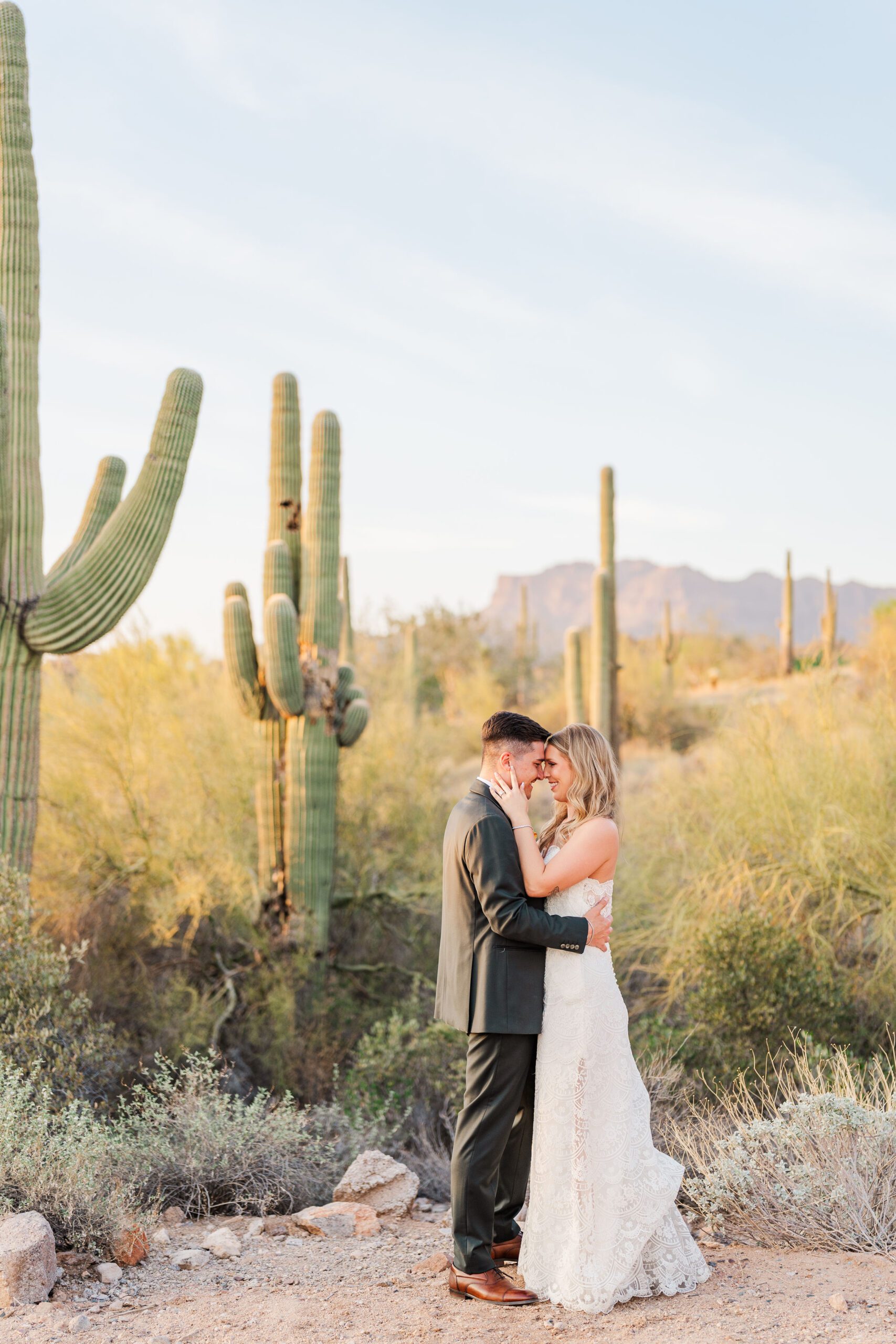 destination wedding couple in Arizona posing next to cacti