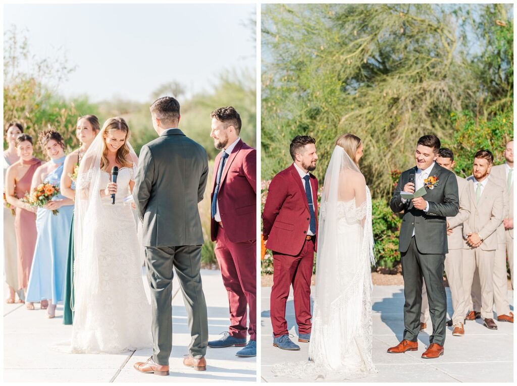 the bride and groom saying their wedding vows outside at the Gold Canyon Golf Resort