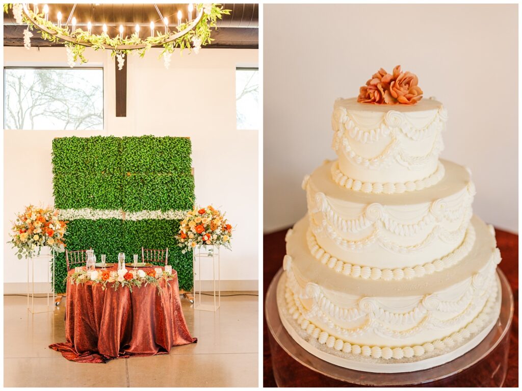 three tiered white wedding cake topped with orange flowers at Arizona reception venue