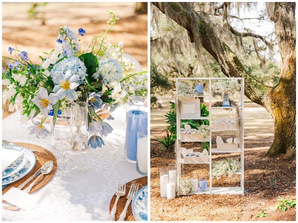 flower table centerpieces with candles and blue plate settings in SC