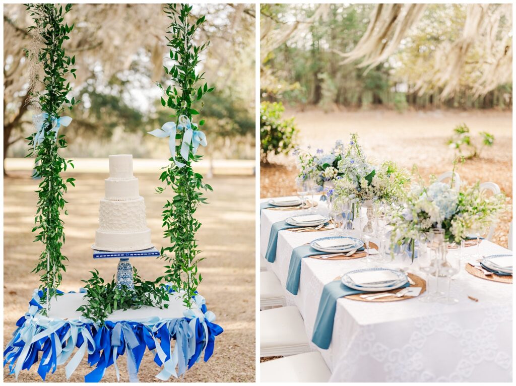 four tiered white wedding cake on a blue and white pedestal on an outdoor swing