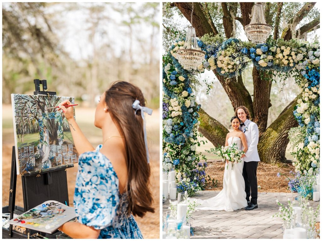 detail of the live wedding painter creating a canvas at styled shoot