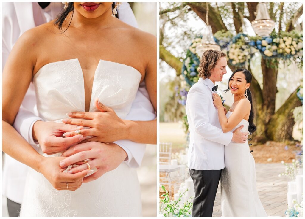 details of the bride and groom holding their wedding rings on their fingers