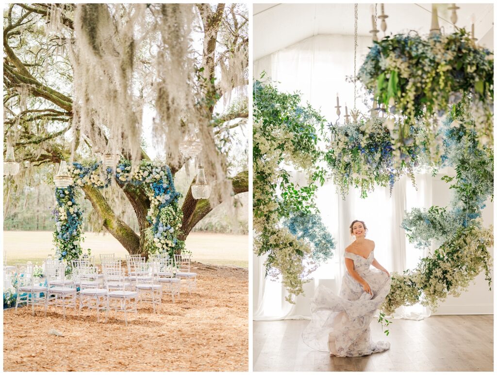 bride wearing a blue and white wedding dress spinning around the floor 