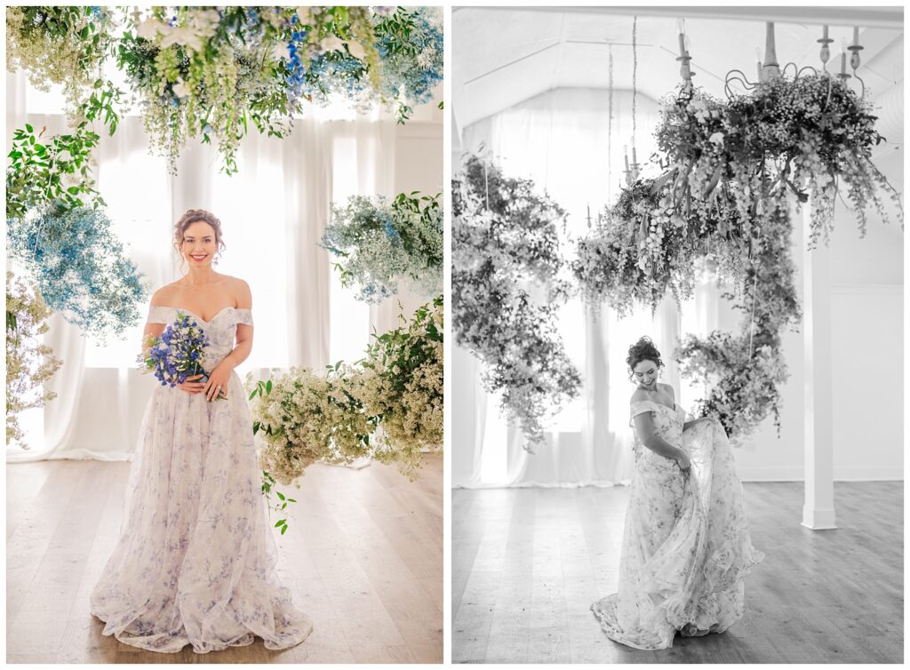 bride twirling in her blue and and white wedding dress under hanging flowers 
