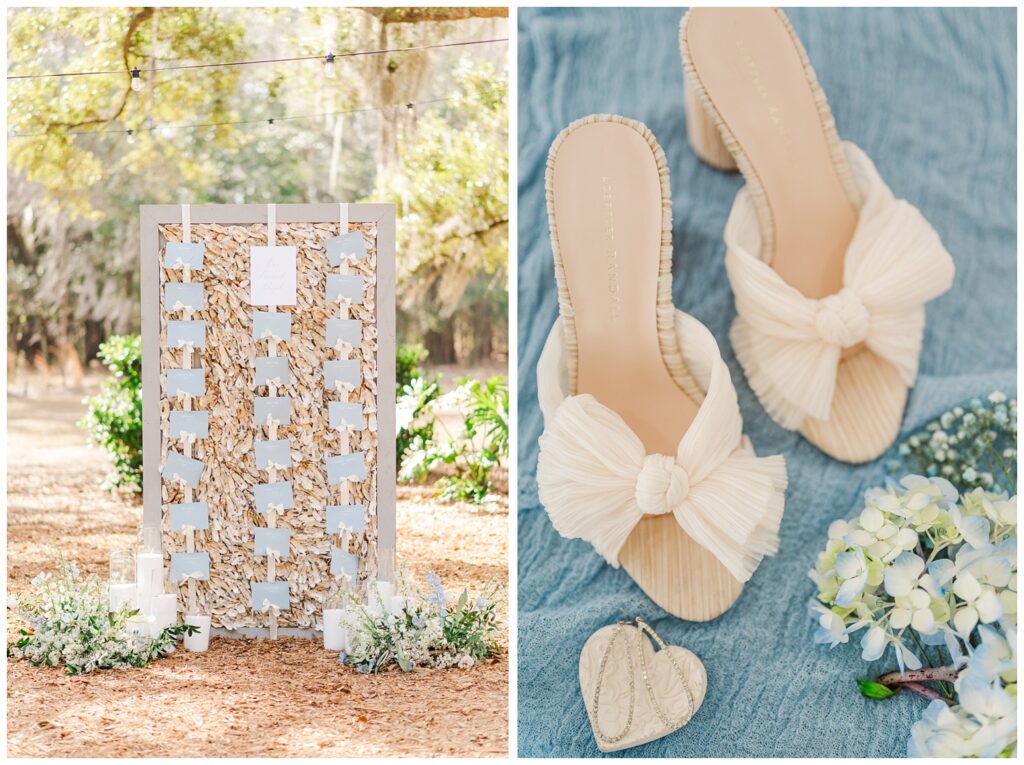 seating chart with blue cards surrounded by white candles and blue and white flowers on the ground 