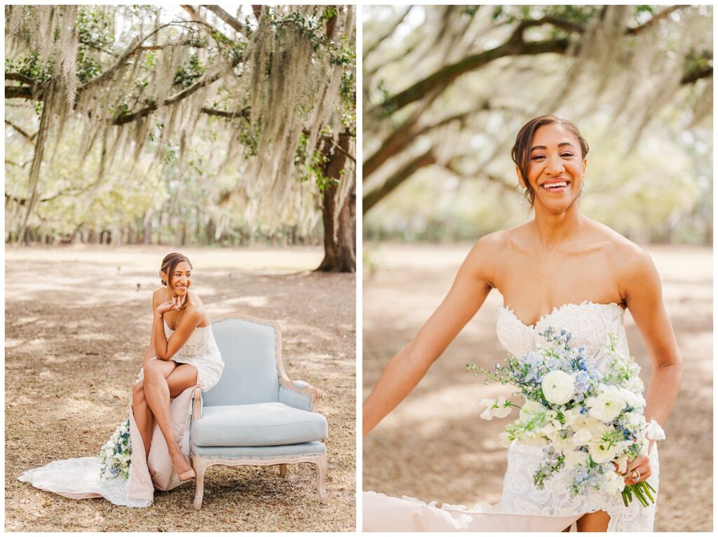 bride wearing a strapless lace wedding dress and sitting on the edge on a blue wingback chair outside