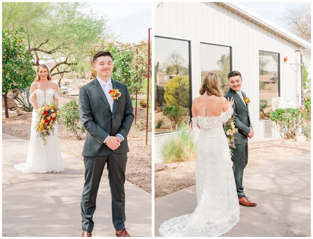 groom turning around to see the bride for the first time at spring destination AZ wedding 