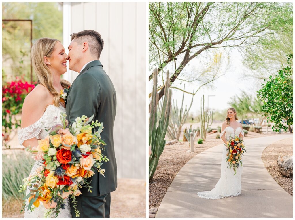 bride posing with her bouquet outside on the sidewalk at spring destination wedding in AZ