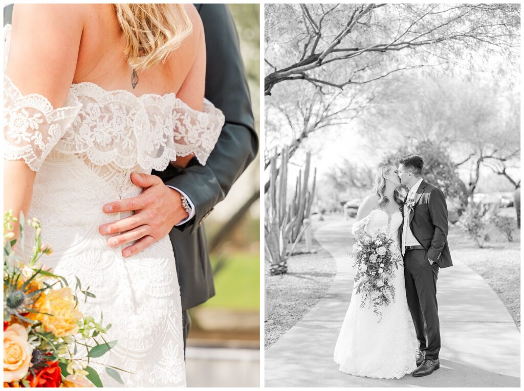 groom placing his hand on the small of the bride's back while posing for portraits