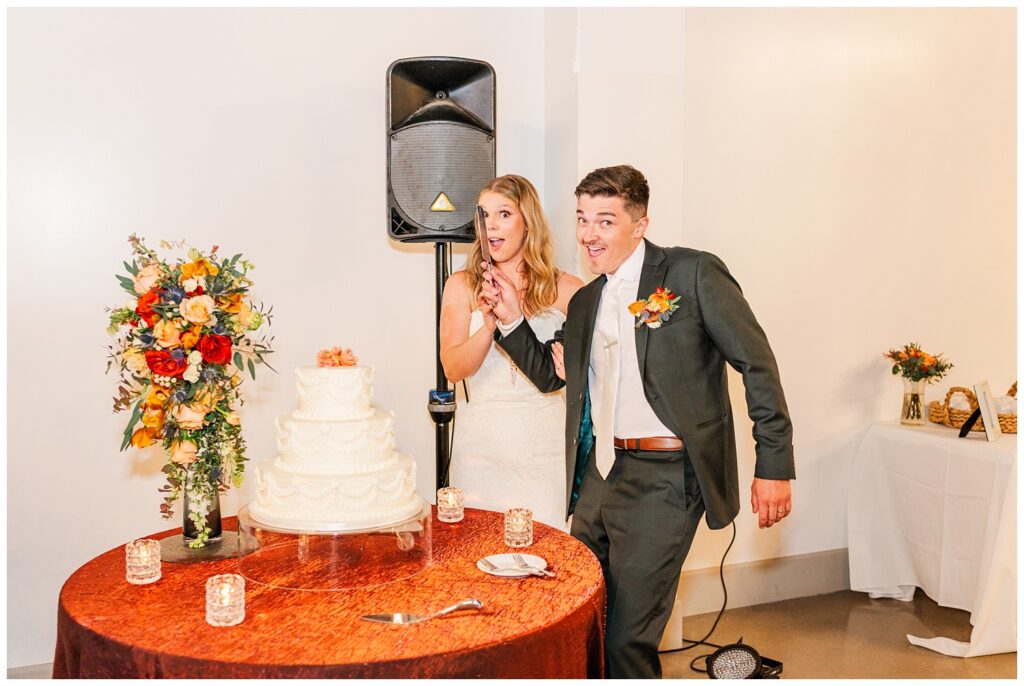 bride and groom being silly while cutting the cake at the wedding reception