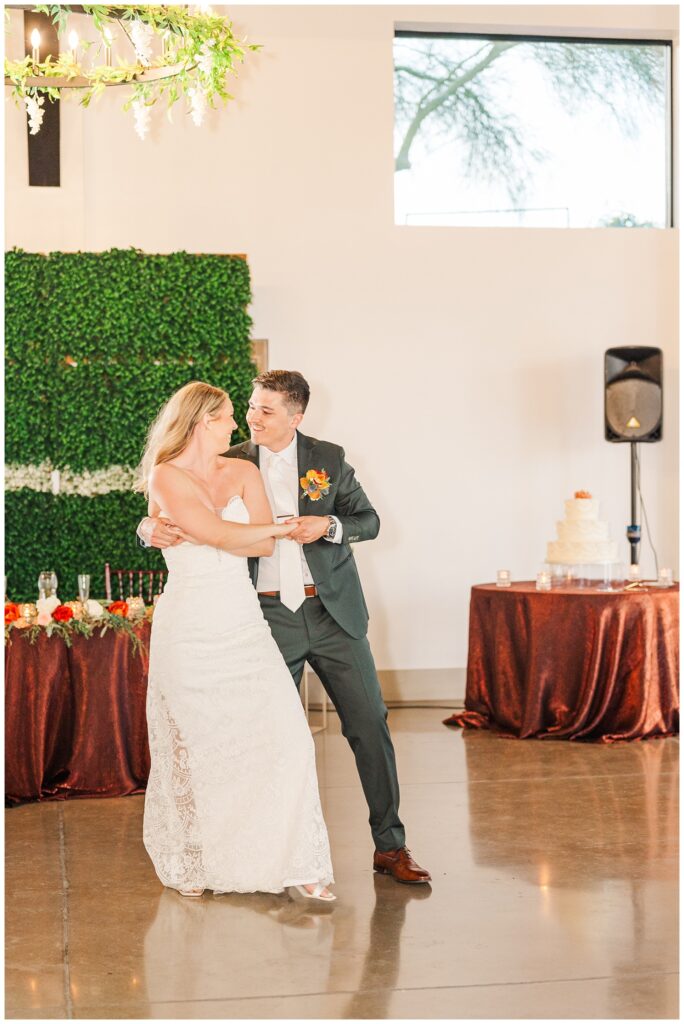 bride and groom having their first dance together at the Gold Canyon Golf Resort venue