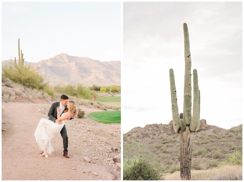 groom dipping back the bride at the Gold Canyon Golf Resort wedding venue