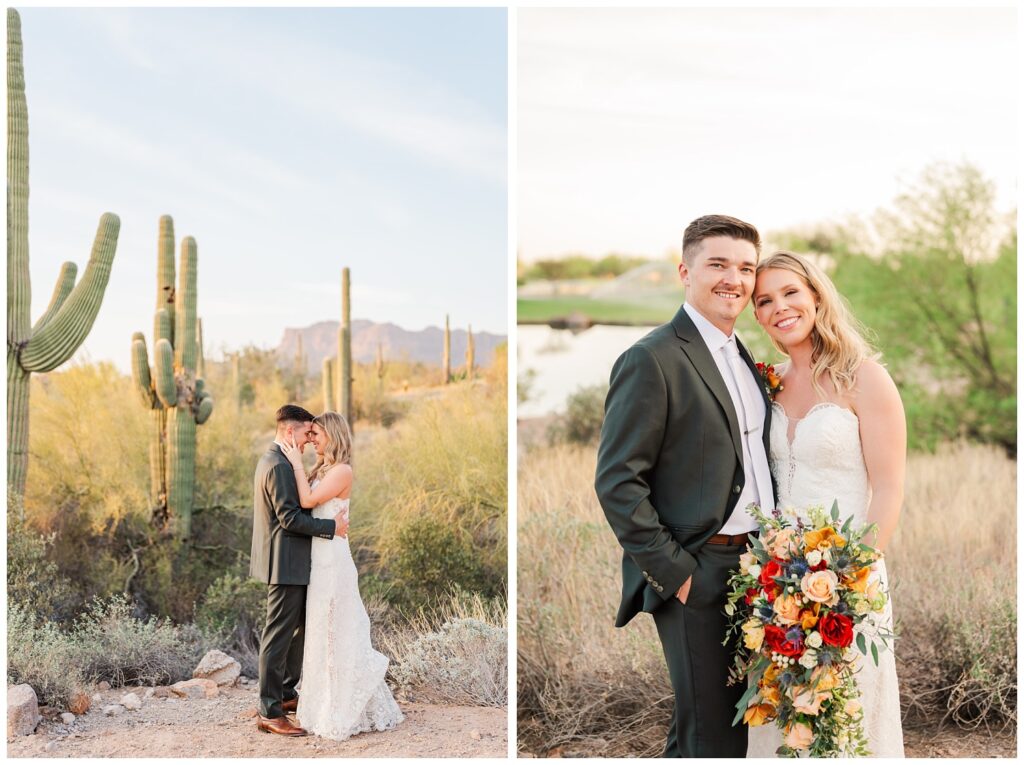 bride and groom posing in the desert at Gold Canyon Golf Resort venue