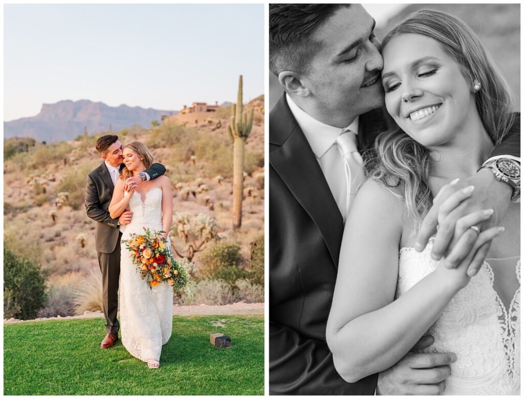 groom hugging the bride from behind on the golf course in Gold Canyon, AZ